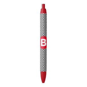 Geometric Black and White Pattern Red Monogram Pen