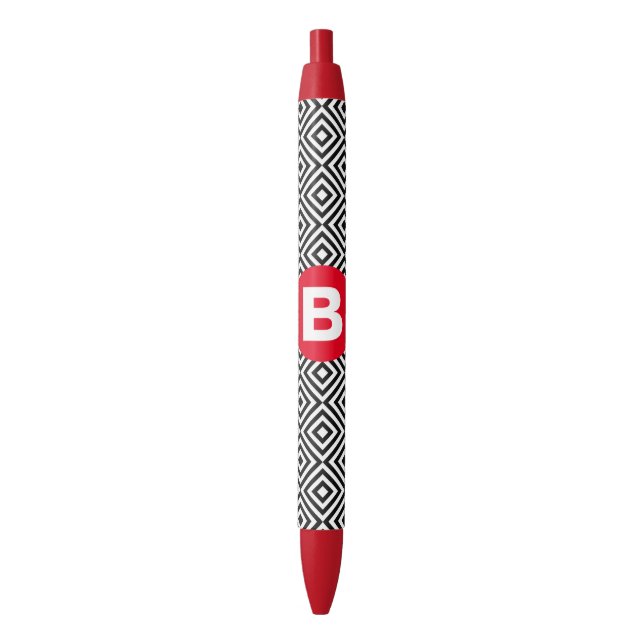 Geometric Black and White Pattern Red Monogram Pen (Front Vertical)