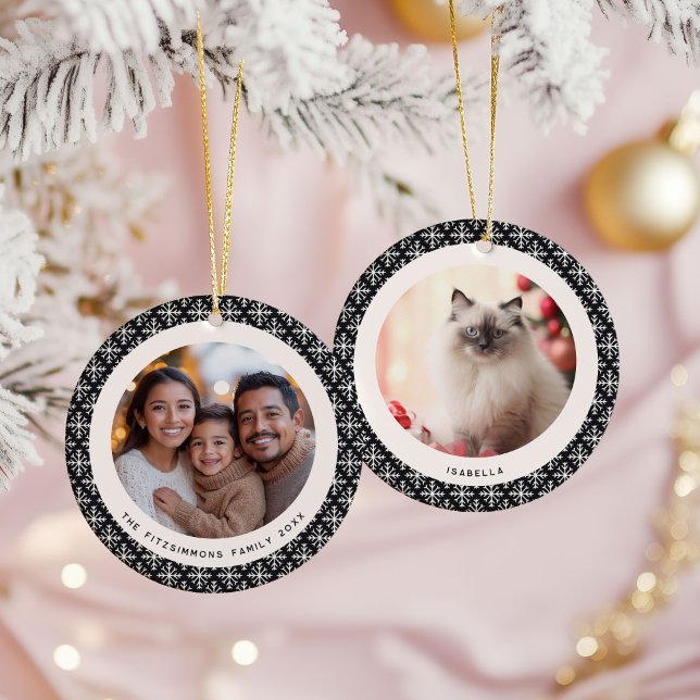 Geometric Black and White Scandinavian 2 Photos Ceramic Ornament (Neutral Snowflake Modern 2 Photos Christmas Ornament black)