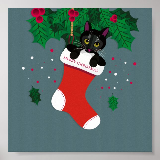 Geometric black cat sat in Christmas stocking Poster (Front)