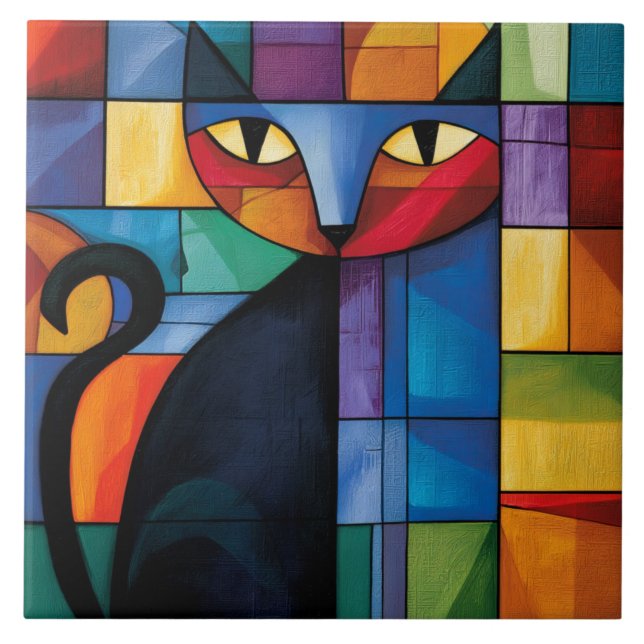 Geometric Black Cat Stained Glass Grid Ceramic Tile (Front)
