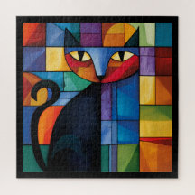 Geometric Black Cat Stained Glass Grid