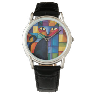 Geometric Black Cat Stained Glass Grid Watch