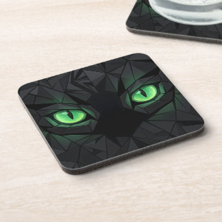 Geometric Black Cat with Emerald Green Eyes Beverage Coaster