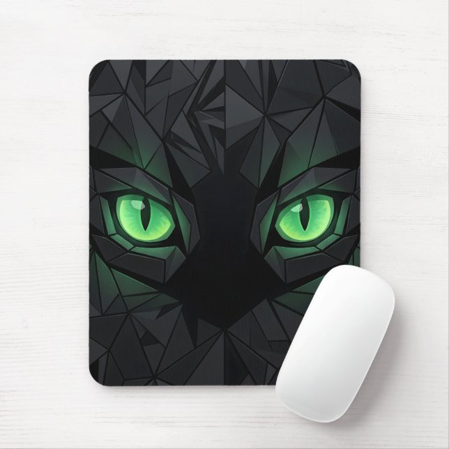 Geometric Black Cat with Emerald Green Eyes Mouse Pad (With Mouse)