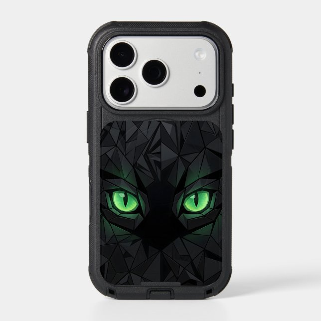 Geometric Black Cat with Emerald Green Eyes Otterbox iPhone Case (Back)