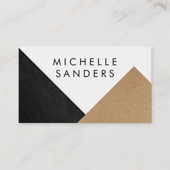 Geometric Black Faux Leather Craft Paper White Business Card (Front)
