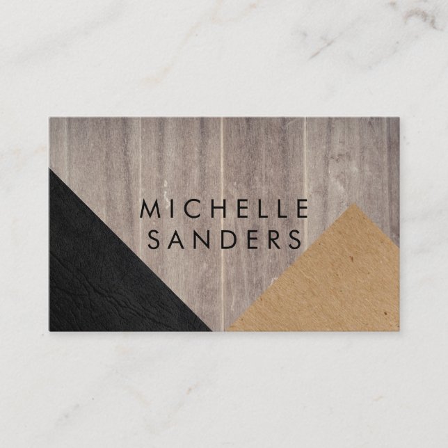 Geometric Black Faux Leather Wood Panel Business Card (Front)
