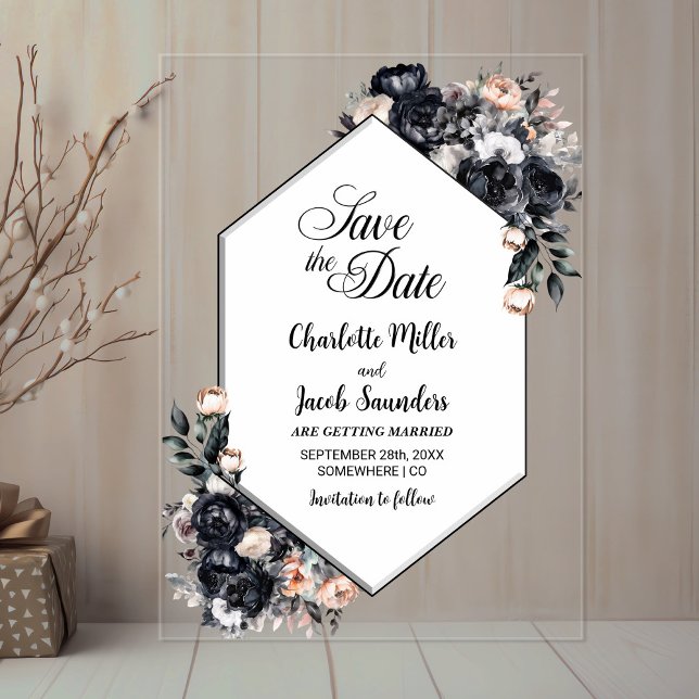 Geometric Black Floral Acrylic Save the Date (Creator Uploaded)