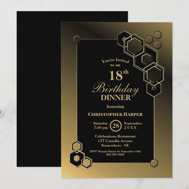 Geometric Black Gold 18th Birthday Dinner Party Invitation (Front/Back)