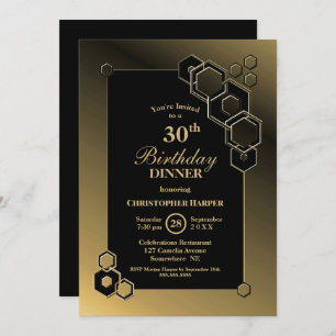 Geometric Black Gold 30th Birthday Dinner Party Invitation