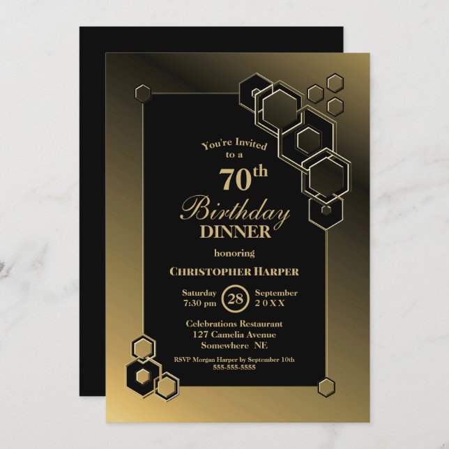 Geometric Black Gold 70th Birthday Dinner Party Invitation (Front/Back)