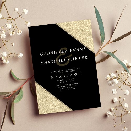 Geometric black gold ampersand glitter wedding invitation