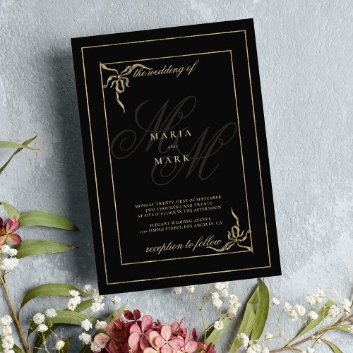 Geometric black gold bow monogram initials wedding invitation