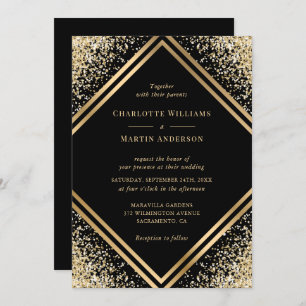Geometric Black Gold Confetti Elegant Wedding Invitation