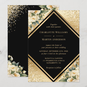 Geometric Black Gold Confetti Ivory Floral Wedding Invitation