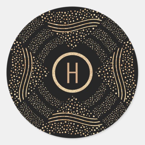 Geometric Black  Gold Confetti Wedding Monogram Classic Round Sticker