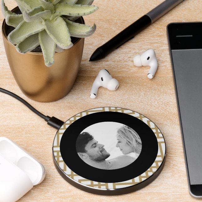 Geometric Black & Gold Couple Photo Wireless Charger (Desk 2)
