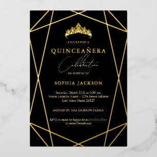 Geometric Black Gold Elegant Quinceanera 15th Foil Invitation
