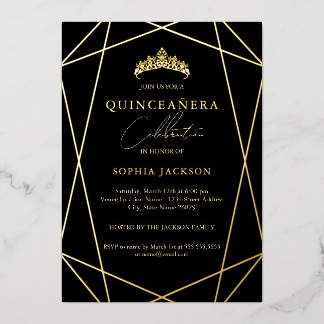 Geometric Black Gold Elegant Quinceanera 15th  Foil Invitation (Front)