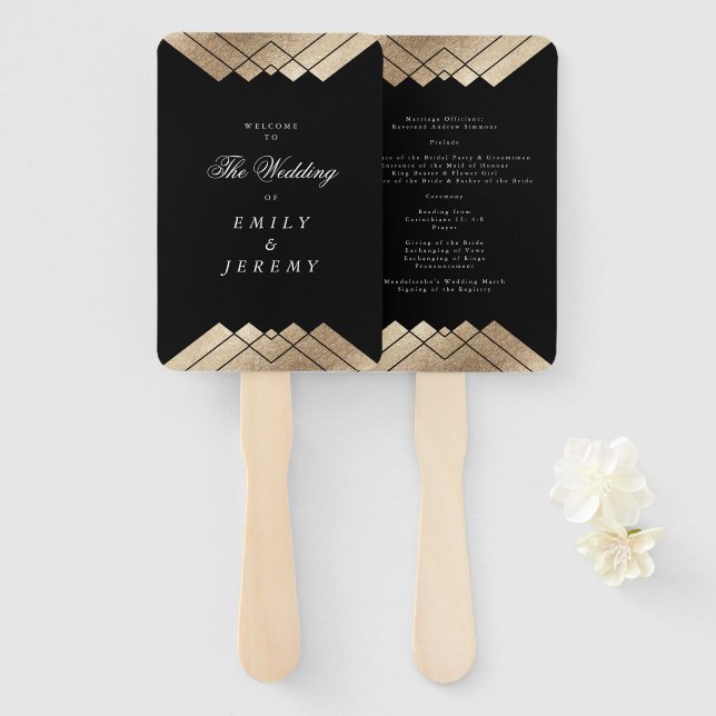 Geometric Black Gold Gatsby Wedding Hand Fan (Front and Back)