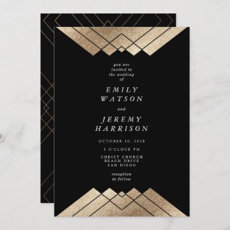 Black Gold Wedding Invitation with Geometric Gatsby Style