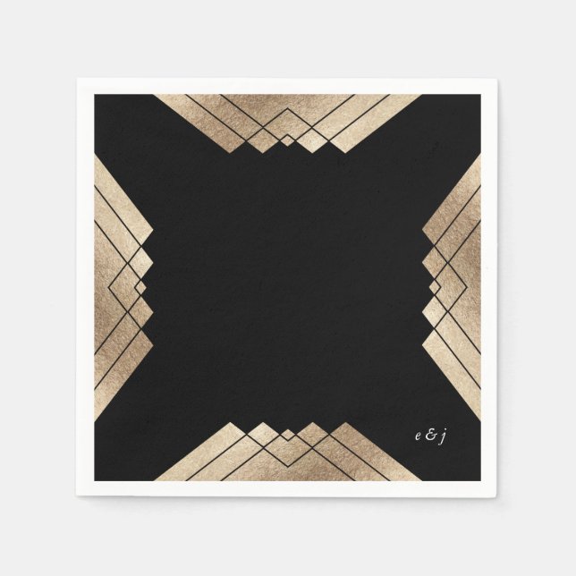 Geometric Black Gold Gatsby Wedding Table Napkins (Front)