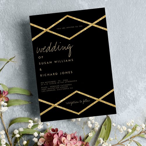 Geometric black gold glitter diamond wedding  invitation