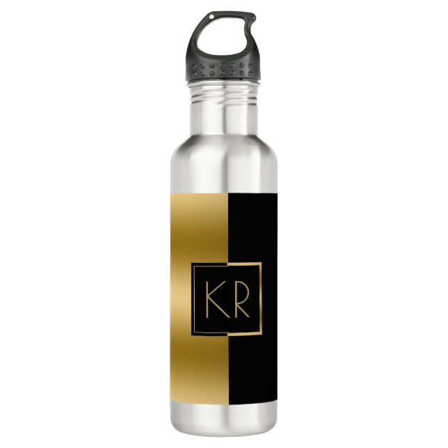 Geometric Black & Gold Modern Design Water Bottle (Front)