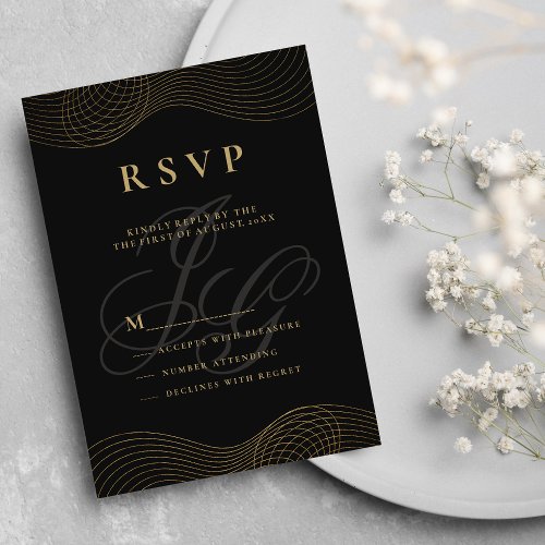 Geometric black gold monogram initials RSVP Invitation