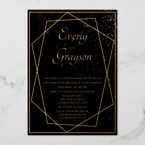 Geometric Black  Gold Wedding     Foil Invitation