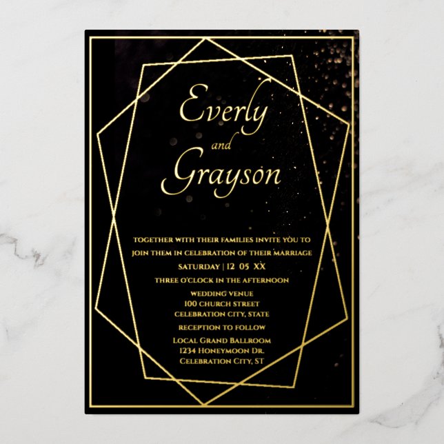 Geometric Black & Gold Wedding     Foil Invitation (Front)