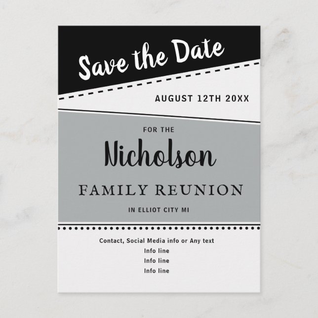 Geometric Black Gray Family Reunion Save the Date Postcard (Front)