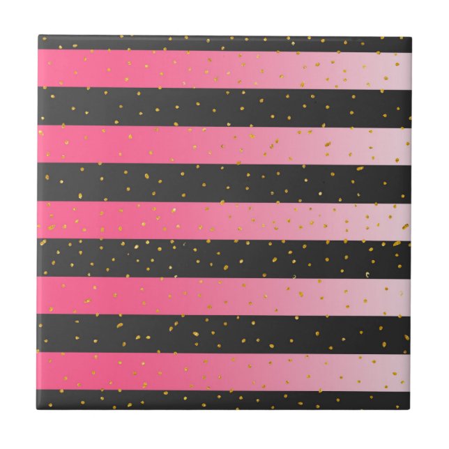 Geometric black pink ombre gold glitter confetti ceramic tile (Front)