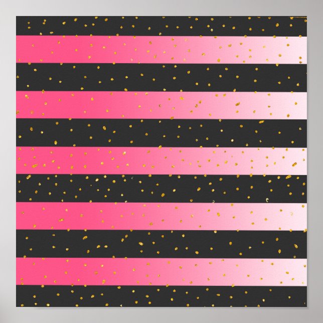 Geometric black pink ombre gold glitter confetti poster (Front)