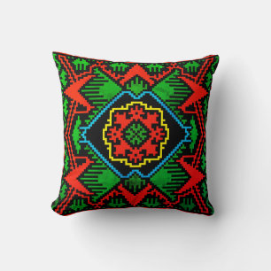 Geometric black, red, green Latvian tribal pattern Throw Pillow