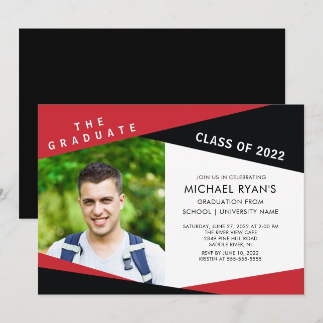 Geometric Black & Red Photo Graduation Invitation (Front/Back)