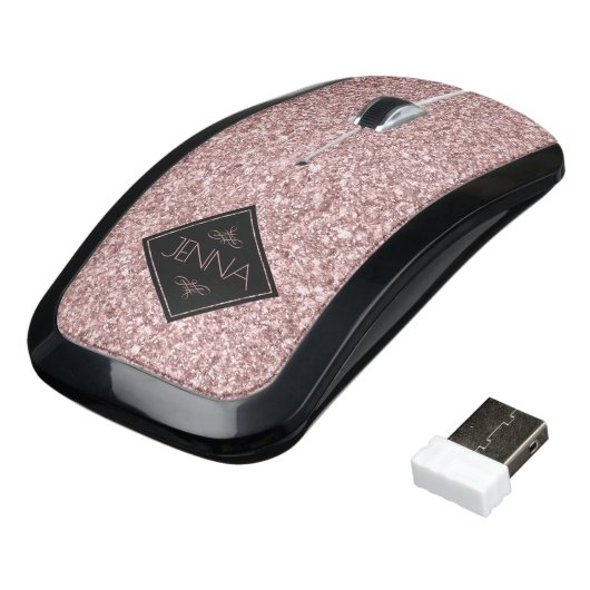 Geometric Black Shape & Rose Gold Glitter Wireless Mouse (Angled)