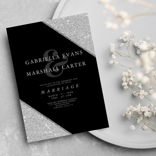 Geometric black silver ampersand glitter wedding invitation