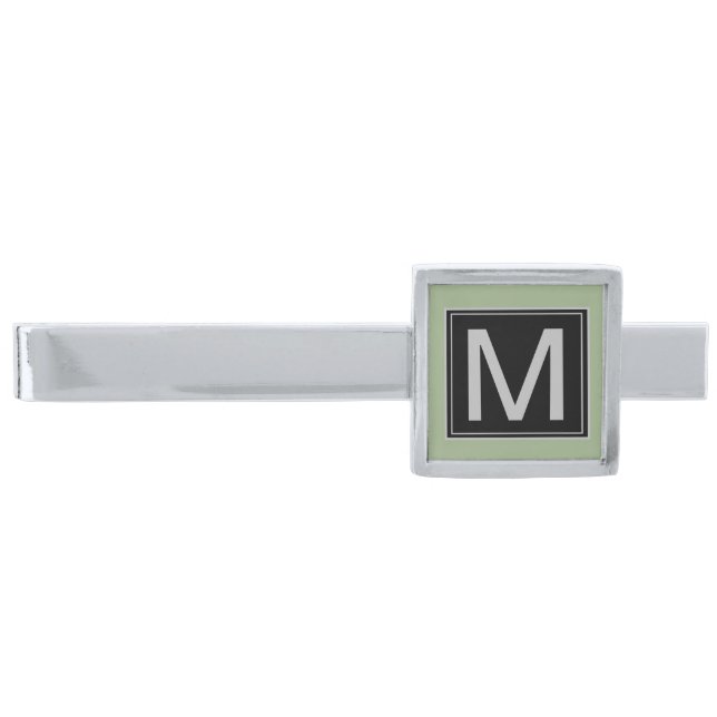 Geometric Black Silver Monogram Sage Green Silver Finish Tie Bar (Front)