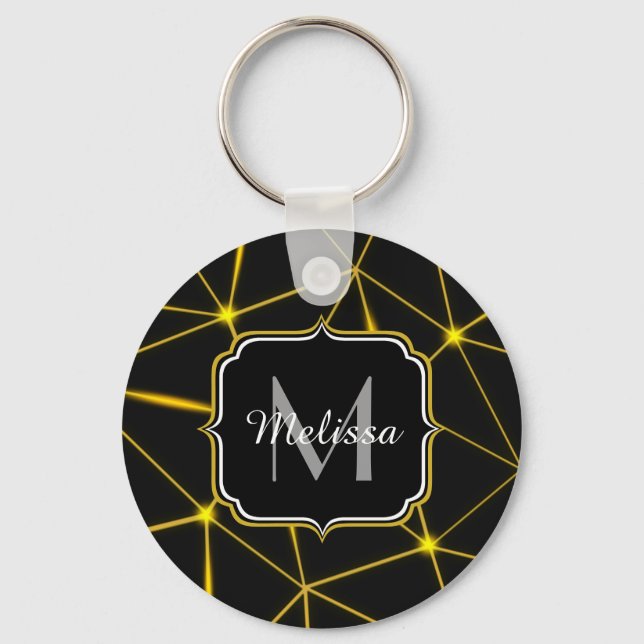 Geometric black triangles gold lines Monogram Keychain (Front)