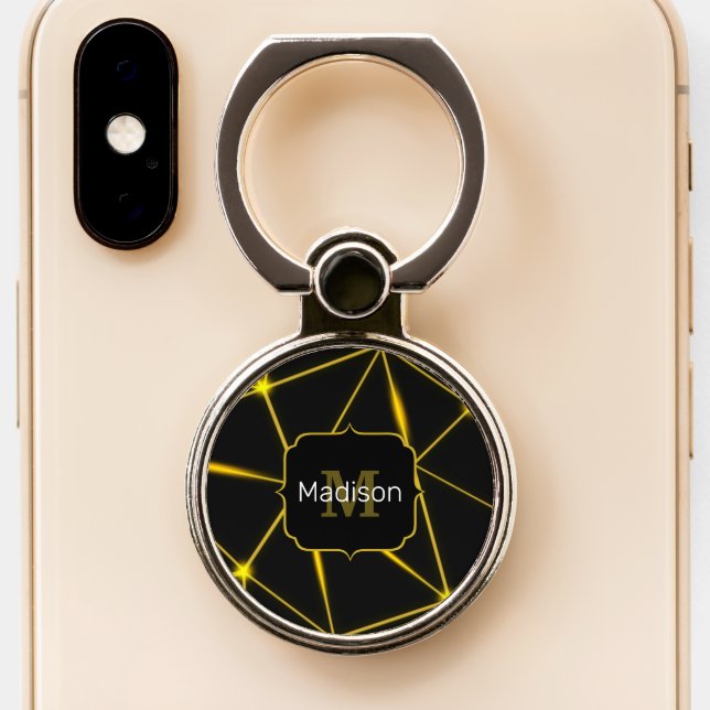 Geometric black triangles gold lines Monogram Phone Ring Stand (Close Up)