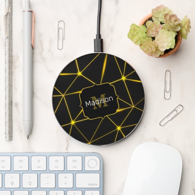 Geometric black triangles gold lines Monogram Wireless Charger (Desk)