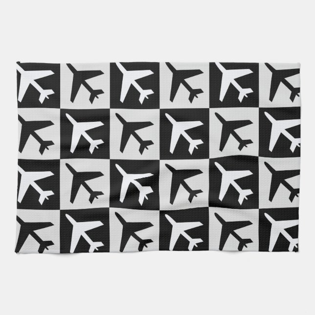 Geometric Black White Aviation Jets Airplane Kitchen Towel (Horizontal)