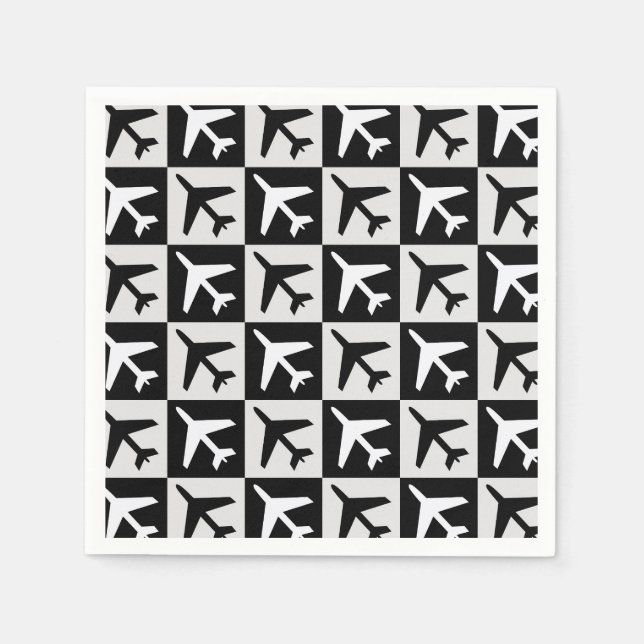 Geometric Black White Aviation Jets Airplane Napkins (Front)