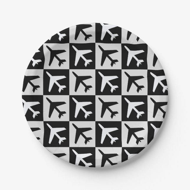 Geometric Black White Aviation Jets Airplane Paper Plates (Front)