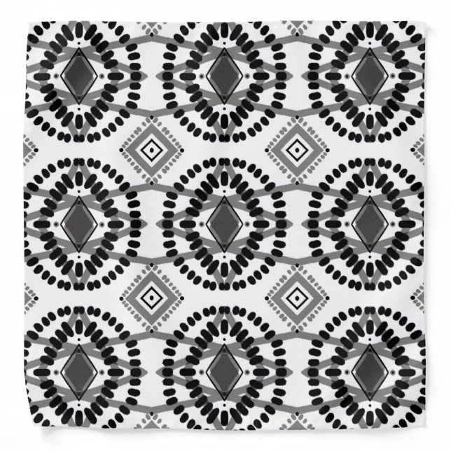 Geometric Black & White Boho Batik Tie-Dye Bandana (Front)