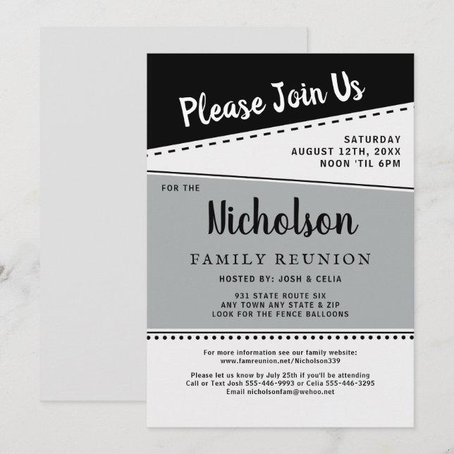 Geometric Black White Gray Family Reunion Invitation (Front/Back)