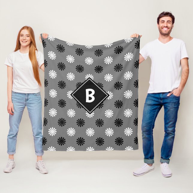 Geometric Black White Gray Floral Monogram Initial Fleece Blanket (In Situ)