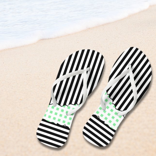 Geometric Black, White, Green Stripes Net Layered Flip Flops (Geometric Black, White, Green Stripes Net Layered Flip Flops)